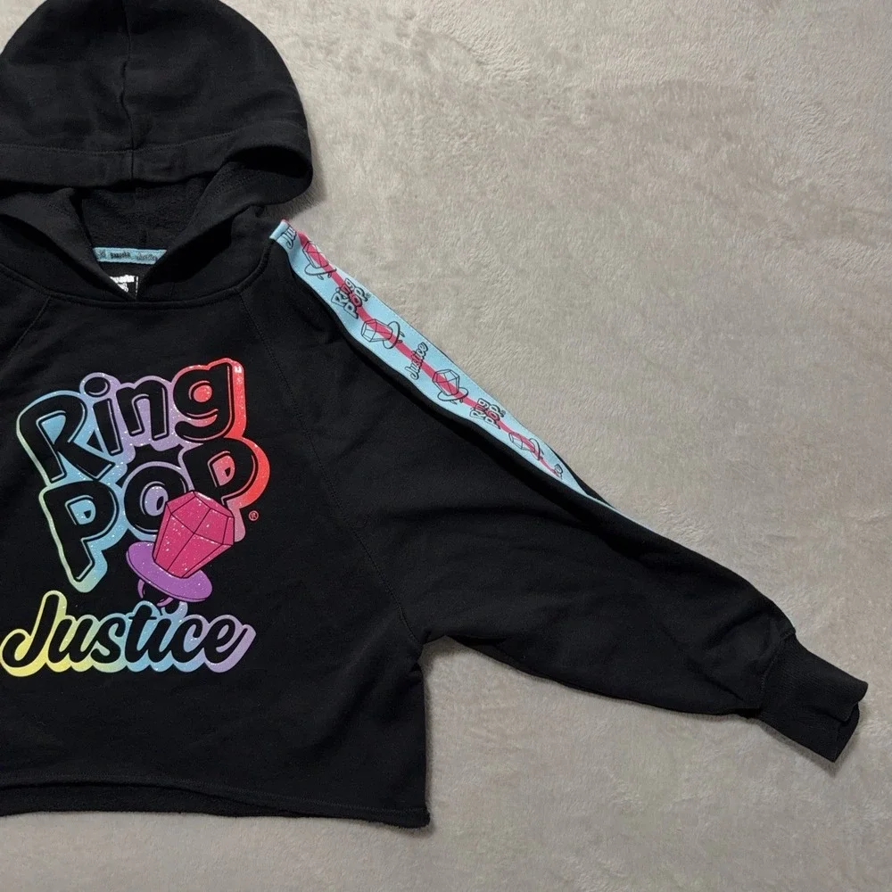 Justice Ring Pop Black Fleece Crop Hoodie Girls S 7-8 Sweatshirt Bazooka Candy